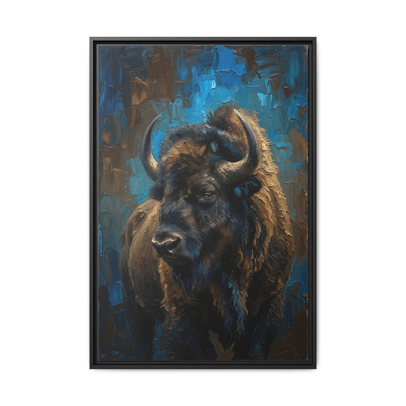 Close-up bison portrait canvas in a black frame with blue-toned abstract background.