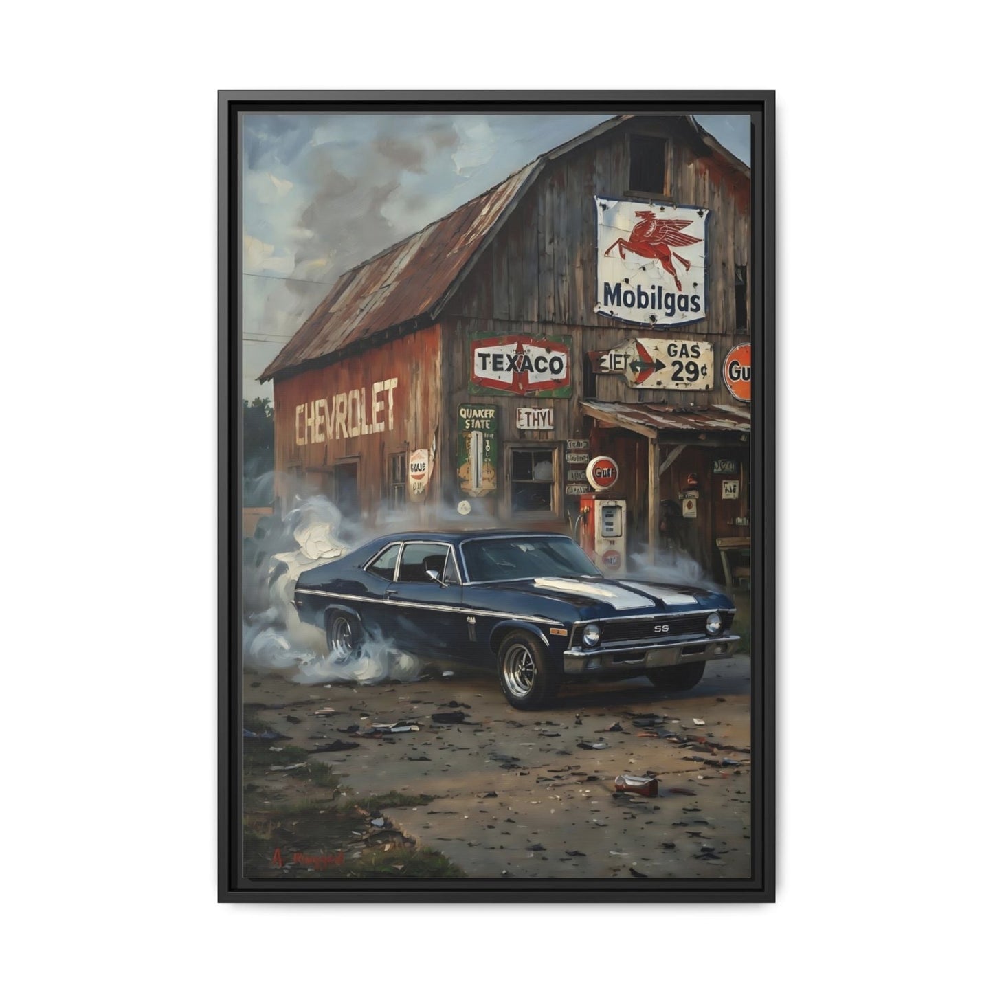 Chevy Muscle Car Canvas Framed | Rustic Gas Station Wall Art