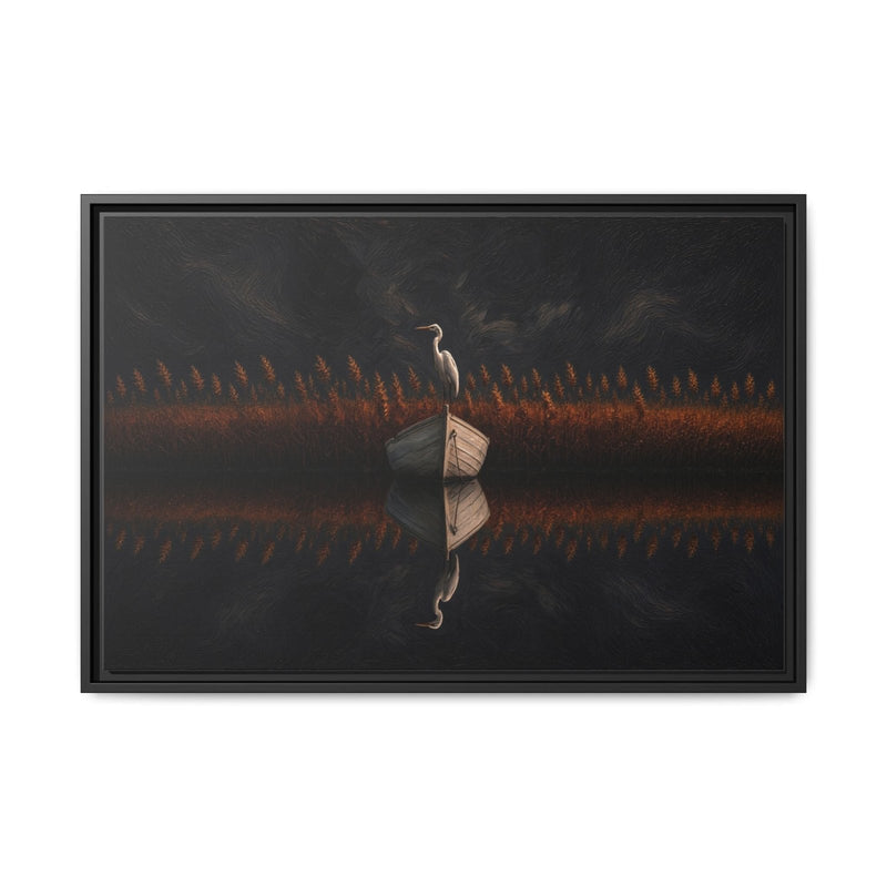 Horizontal framed canvas art with heron and warm orange grasses on dark background.