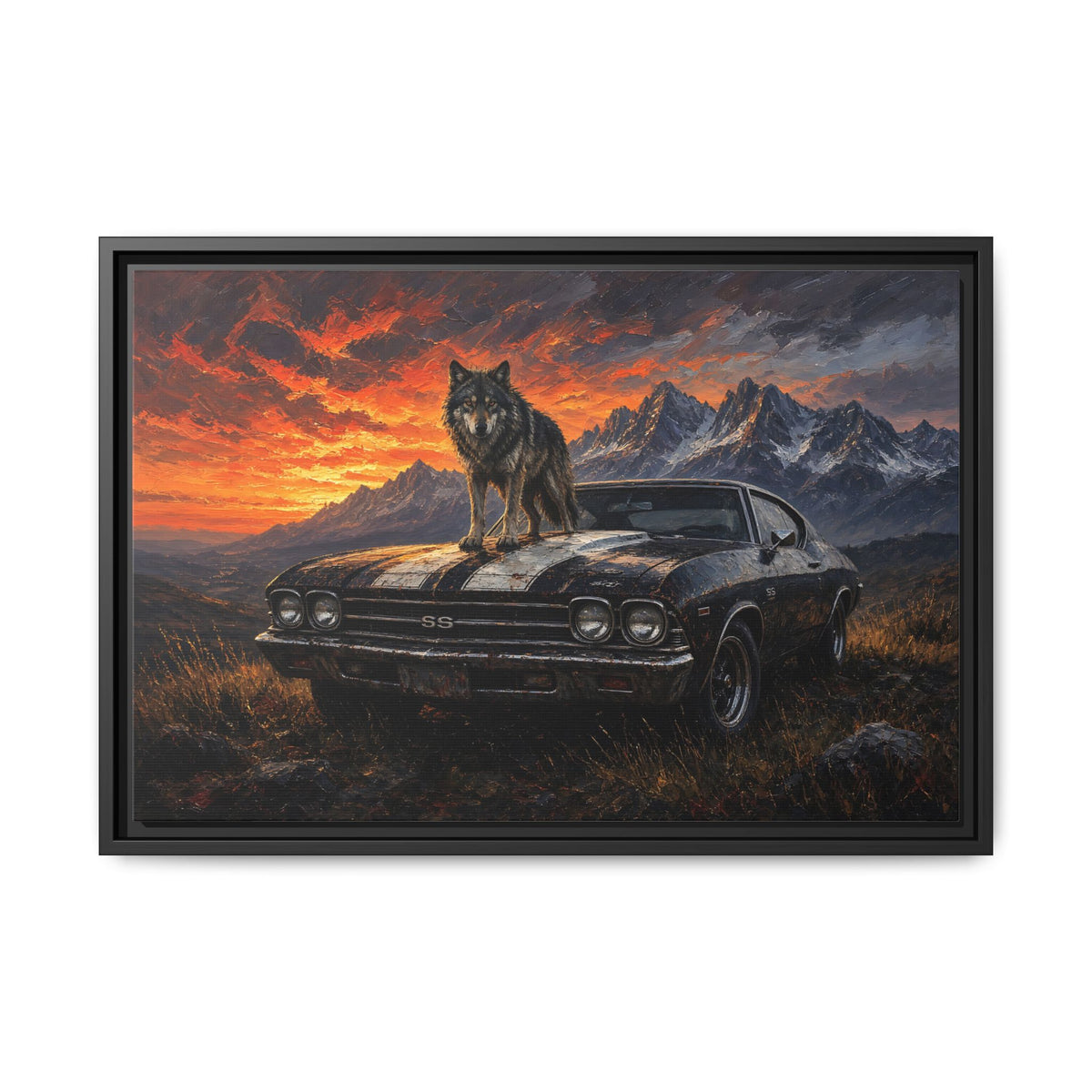 King Of The Hood - Wolf On Muscle Car – Mountain Sunset Canvas