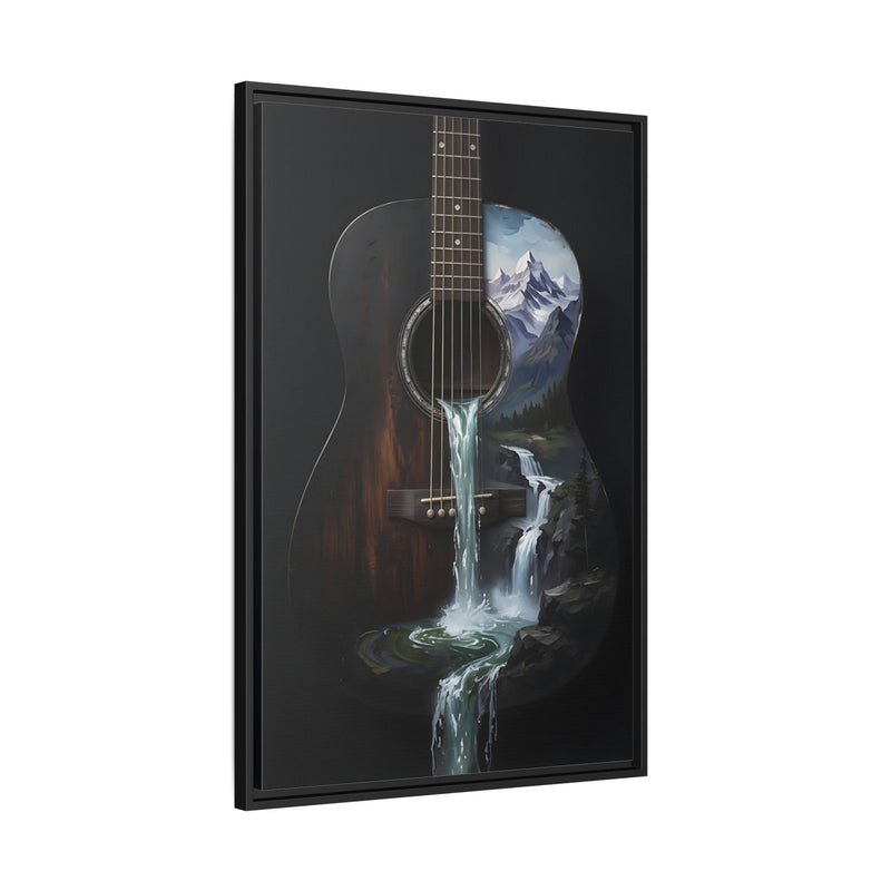Framed guitar and waterfall canvas seen from a slight side angle, dark background.