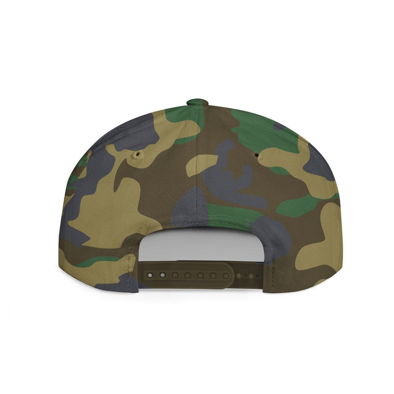 Green camouflage snapback cap with adjustable strap and flat bill