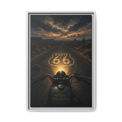 Framed Route 66 motorcycle canvas print, sunset sky over highway with cactus and glowing 66