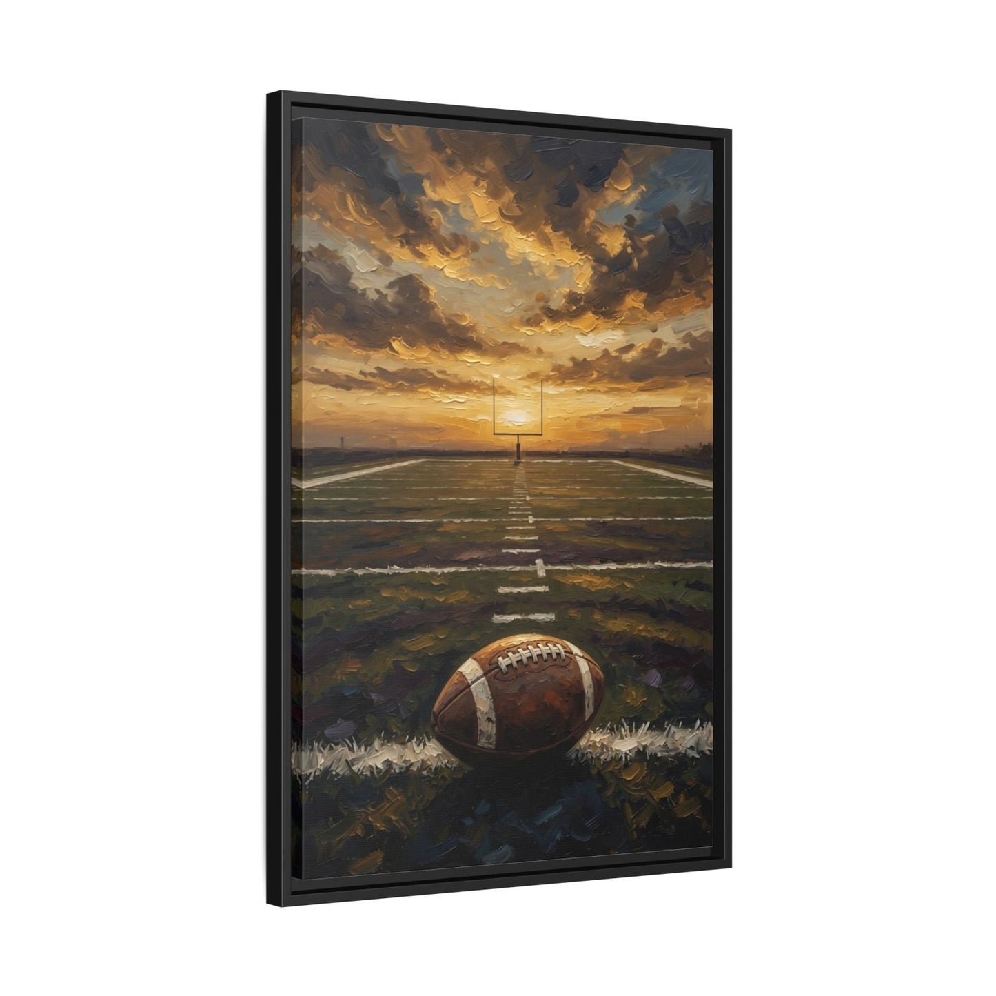Angled black framed football field canvas with sunset sky and football near bottom