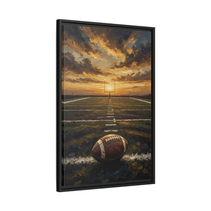 Angled black framed football field canvas with sunset sky and football near bottom
