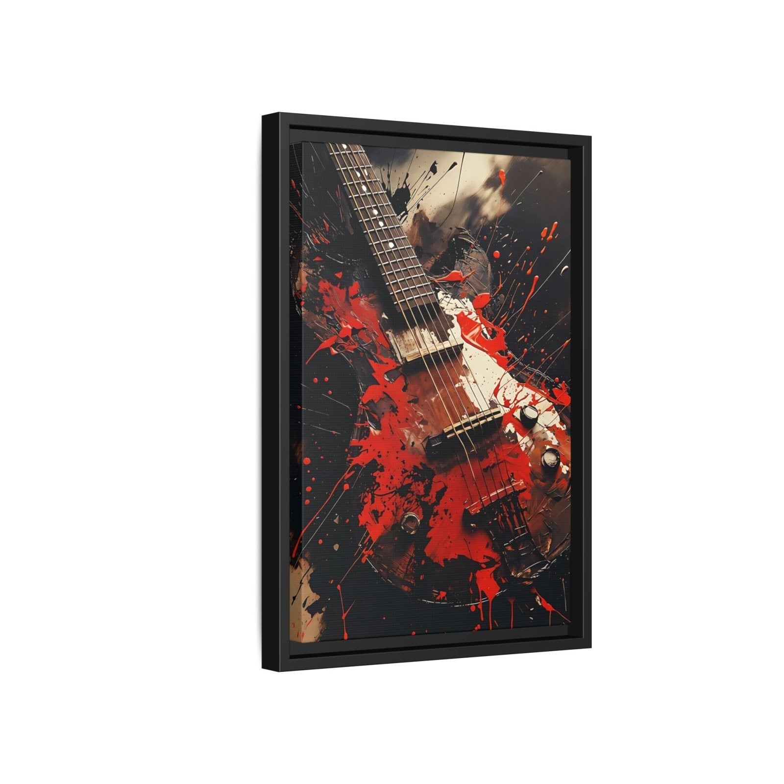 Black framed electric guitar wall art canvas with red splash paint and dark background tones.