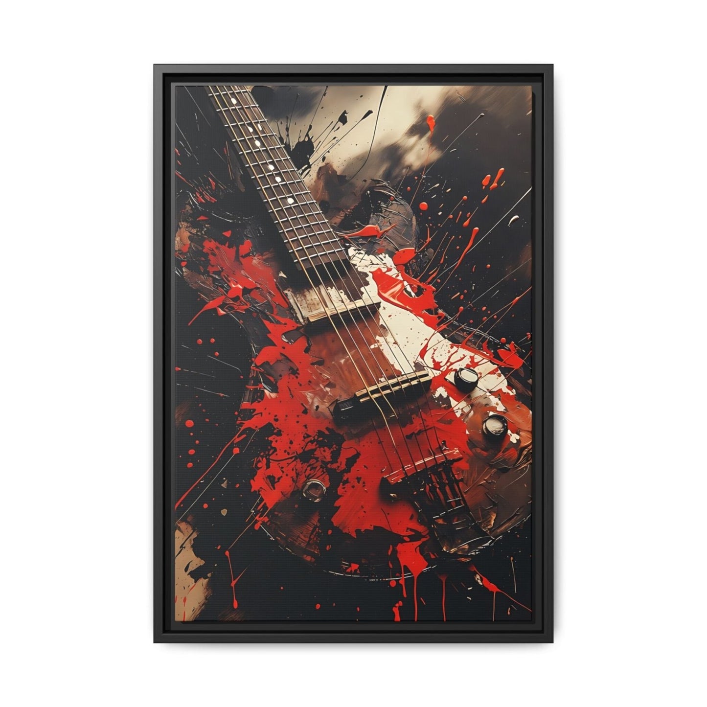 Black framed electric guitar wall art canvas featuring red splashed paint and streaks.