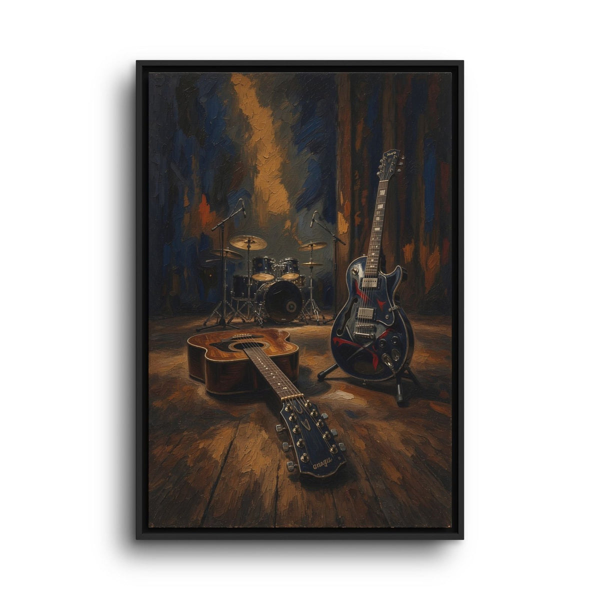 Framed canvas print of electric guitar and drum set with warm spotlight glow
