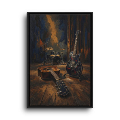 Framed canvas print of electric guitar and drum set with warm spotlight glow