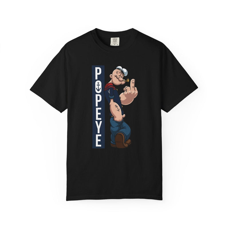 Black graphic cartoon T-shirt with vertical sailor-themed print at center chest