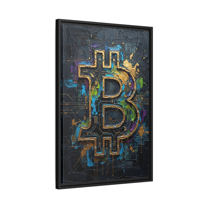 Framed Bitcoin B logo canvas print with gold-lined circuit shapes and dark accents
