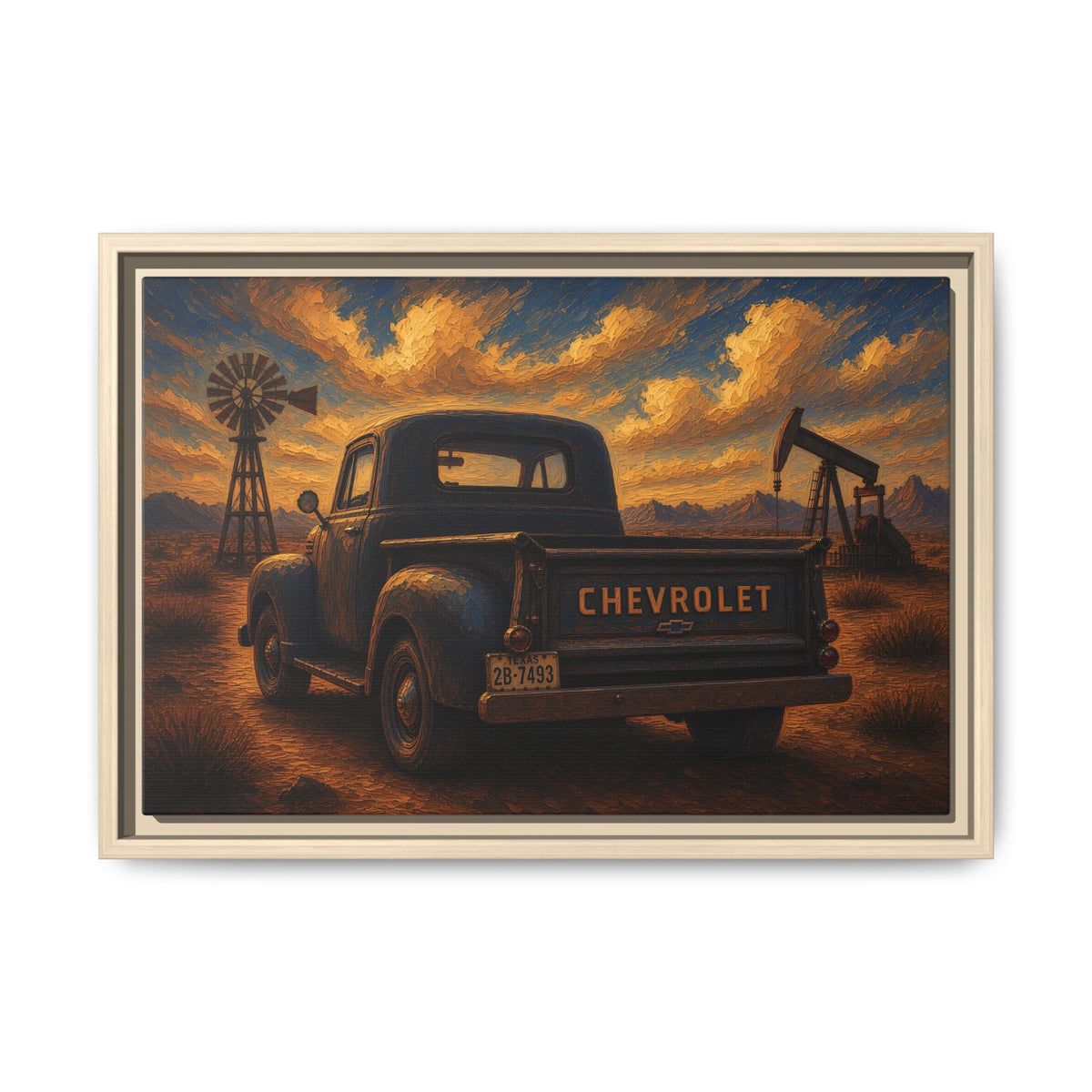 Vintage Chevrolet Oil Field Sunset | Framed Canvas Wall Art