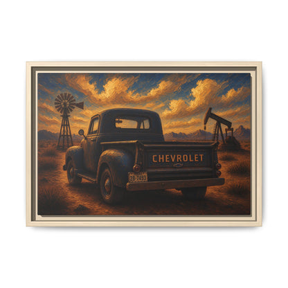 Vintage Chevrolet Oil Field Sunset | Framed Canvas Wall Art