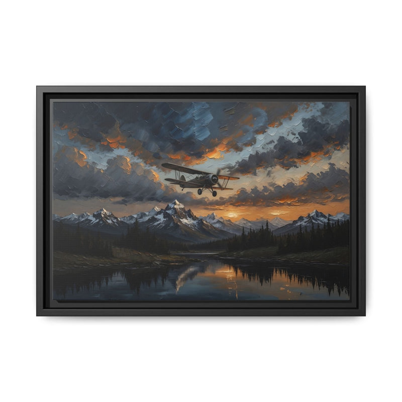 Black-framed framed matte canvas featuring biplane in orange sunset clouds over lake
