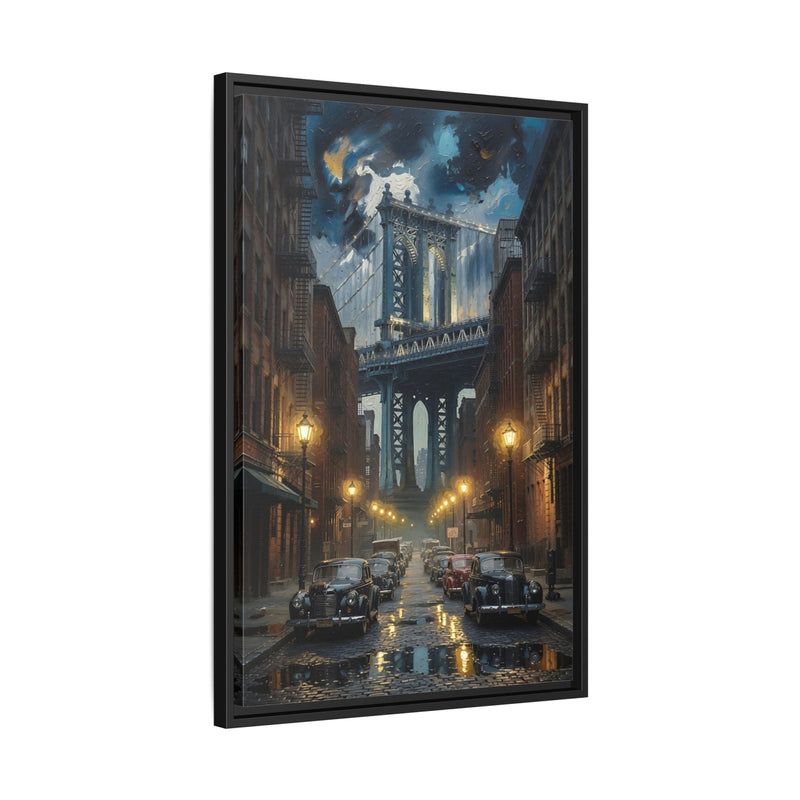Framed canvas wall art with black frame, night bridge above rain-slick street