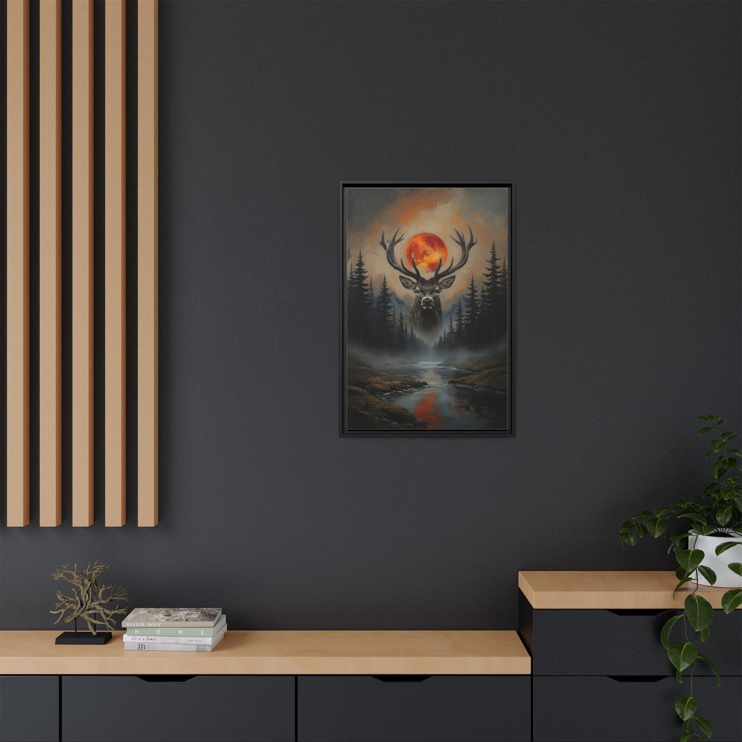 Stag Silhouette with Blood Moon -  Framed Matte Canvas Art