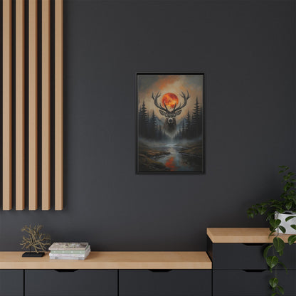 Stag Silhouette with Blood Moon -  Framed Matte Canvas Art