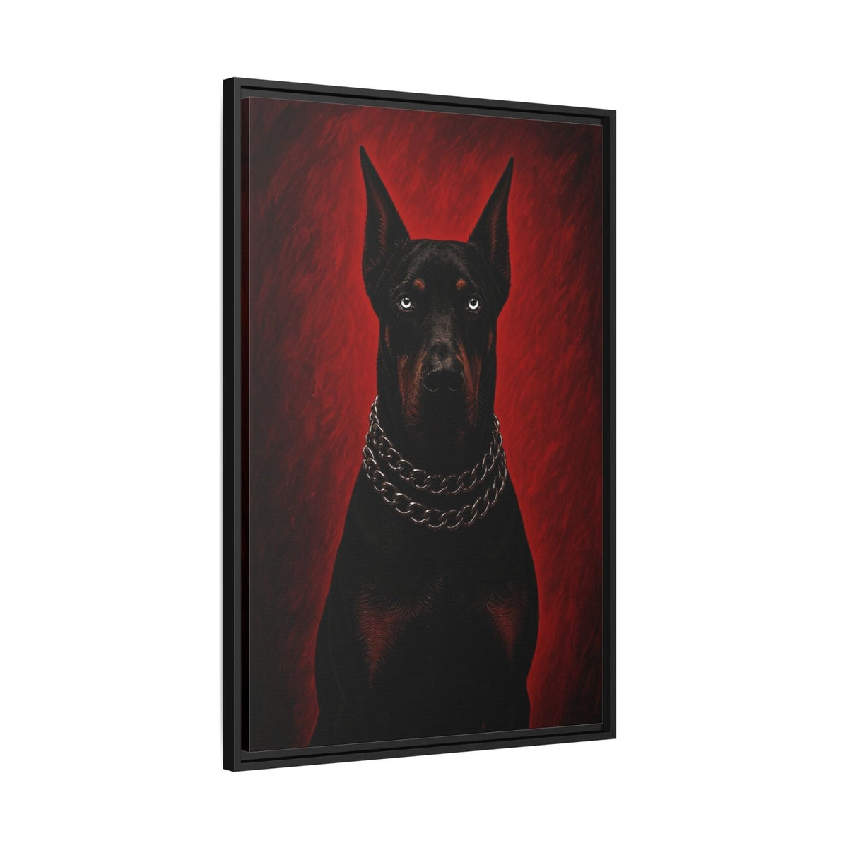 Three-quarter view of framed canvas Doberman portrait, red tones, silver chain collar