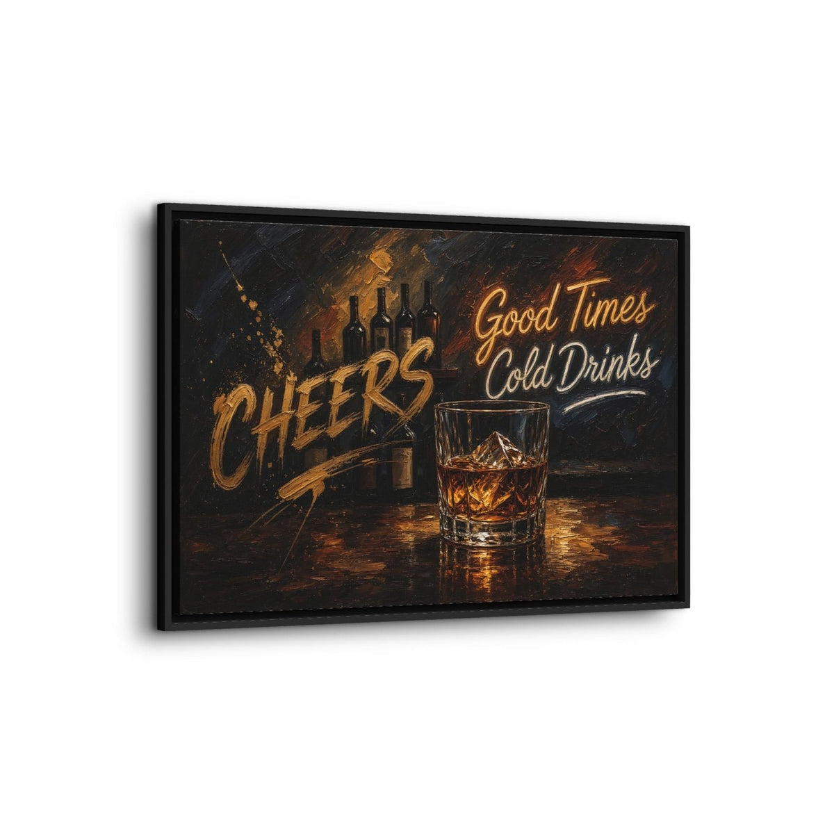 Angled view of black-framed whiskey bar canvas showing the frame depth and whiskey artwork