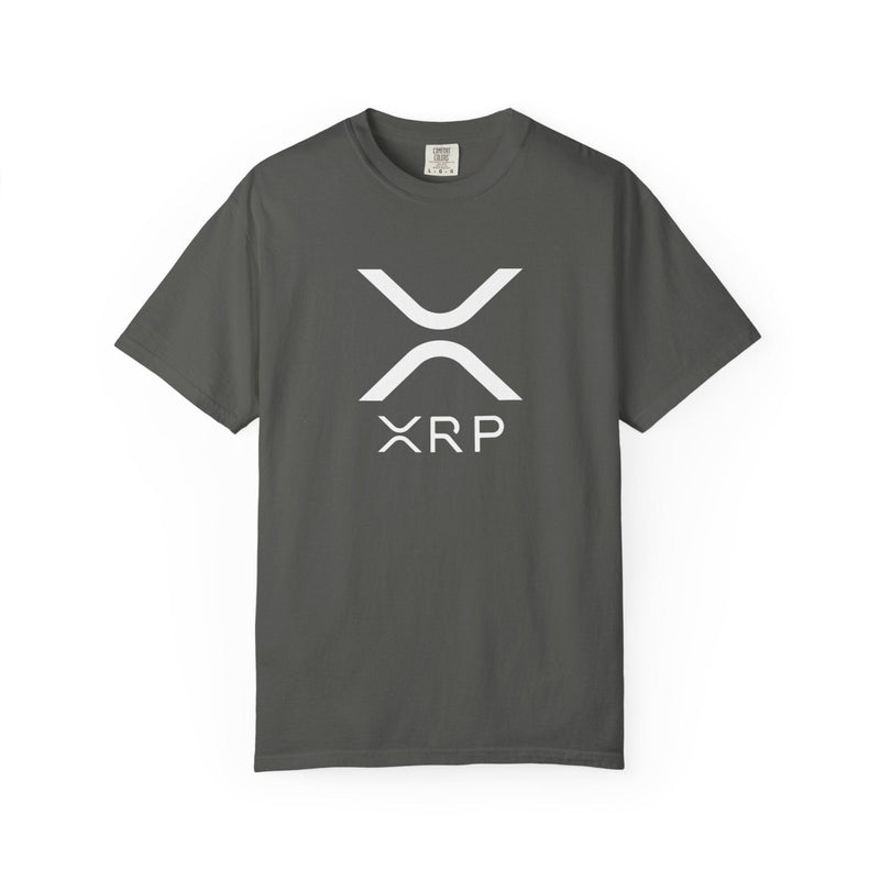 Dark gray crewneck T-shirt with white X-shaped XRP logo on the chest