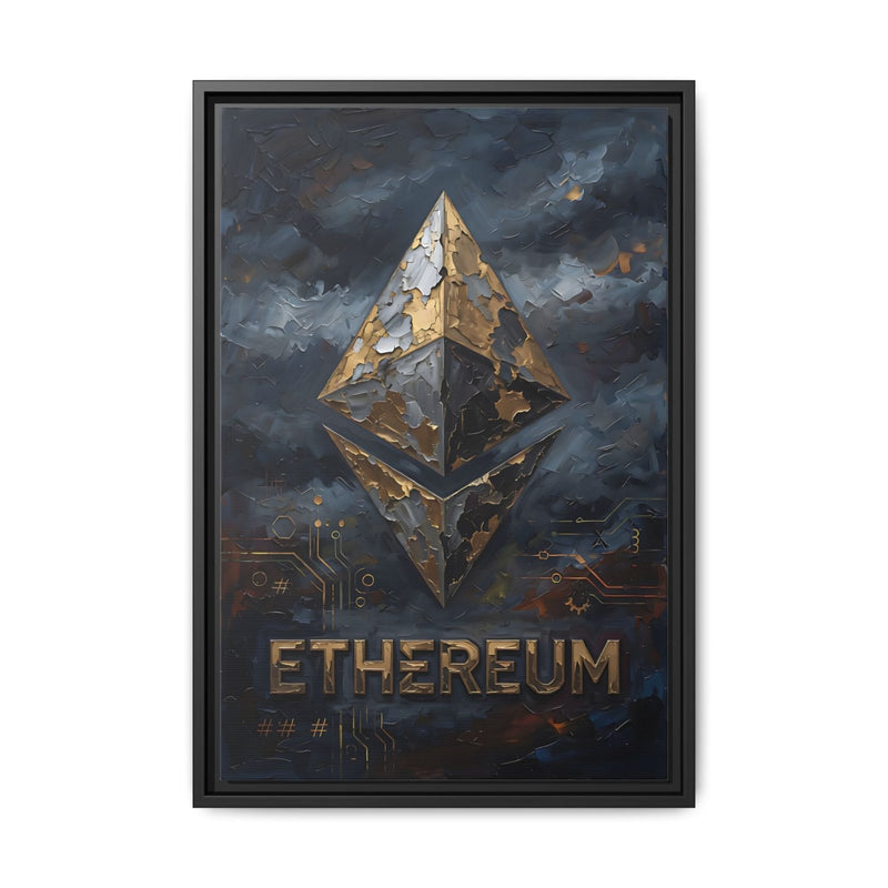 Framed Ethereum logo canvas art with gold diamond and ETHEREUM text on dark blue