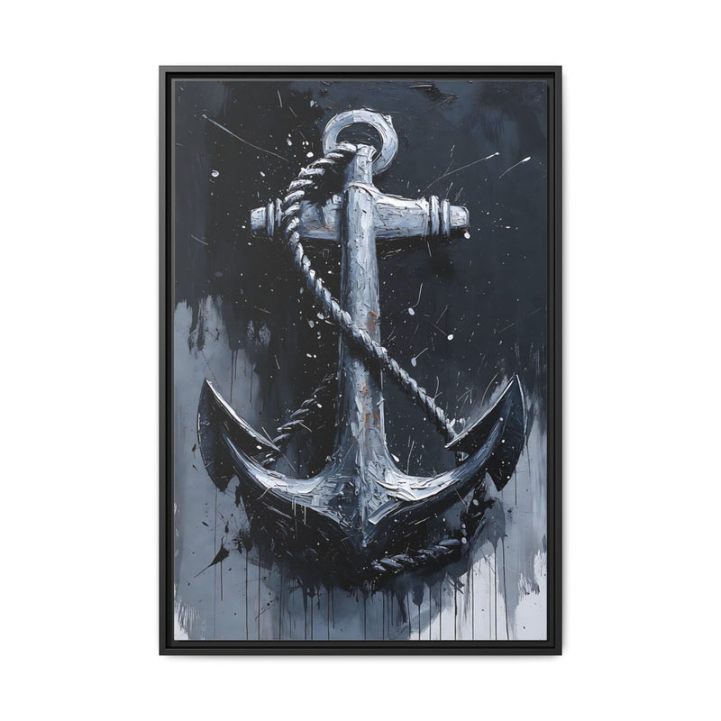 Framed nautical anchor wall art with silver anchor on dark matte canvas