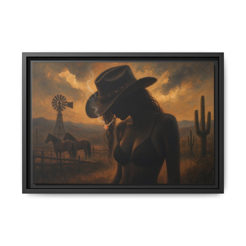 Black-framed desert cowgirl canvas, cowboy hat silhouette in warm sunset ranch scene