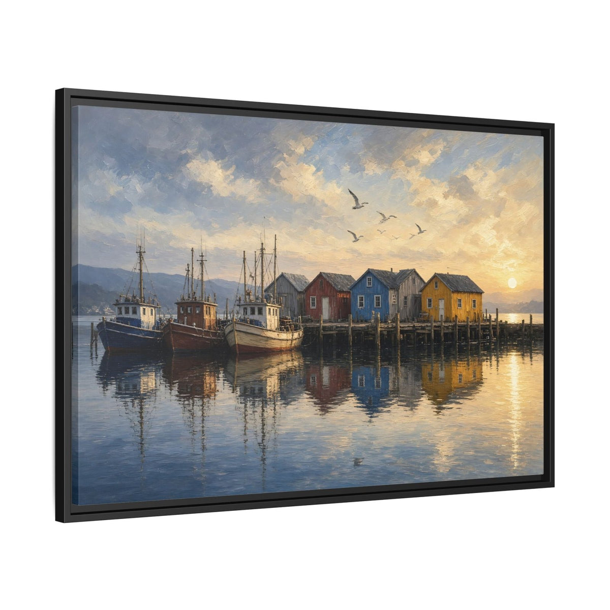 Framed canvas wall art: fishing harbor boats, houses, birds, and sunset reflection; black frame