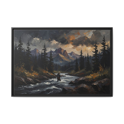 Framed Matte Canvas Print — Wilderness Fly Fisherman Landscape