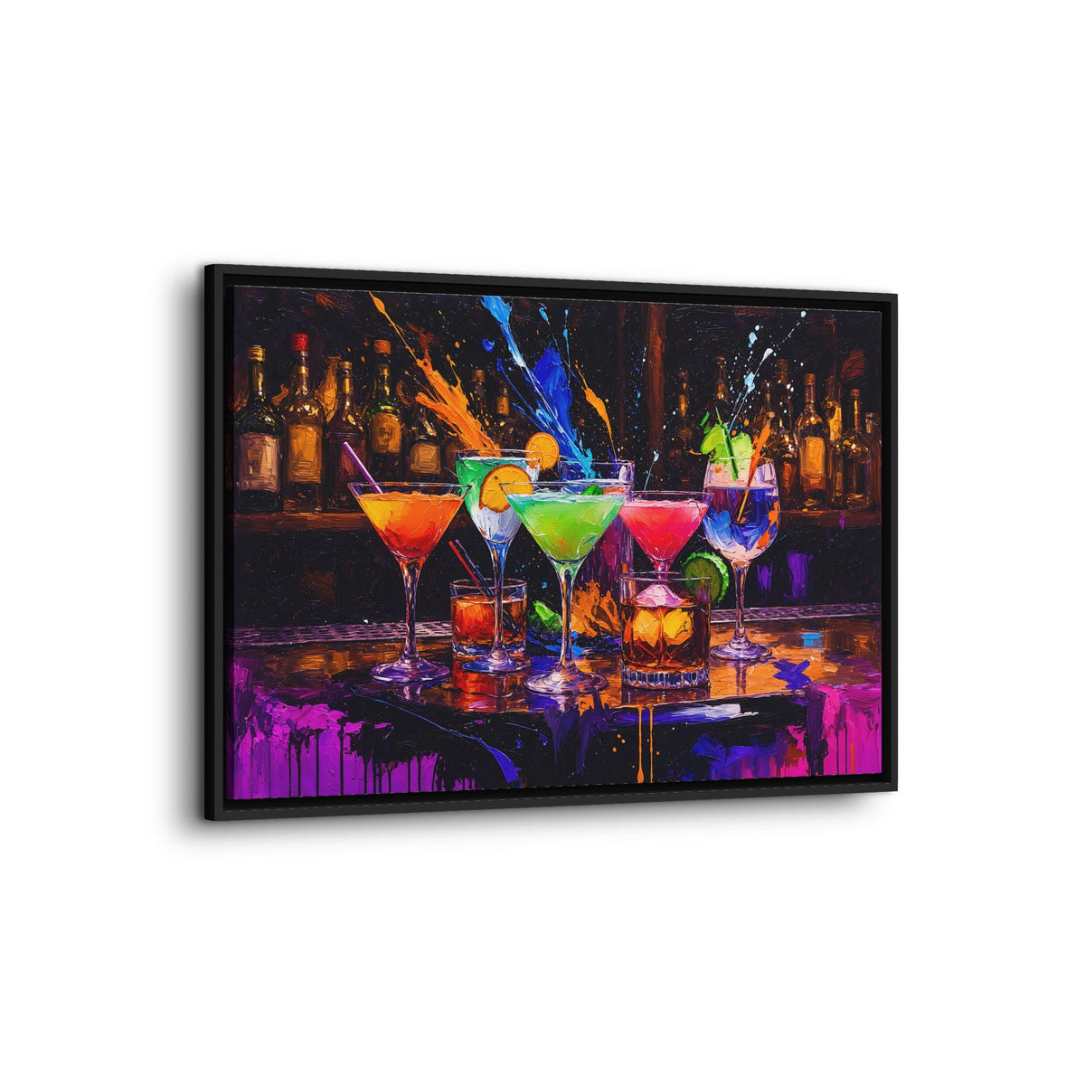 Angled view of black-framed bar art showing colorful cocktails