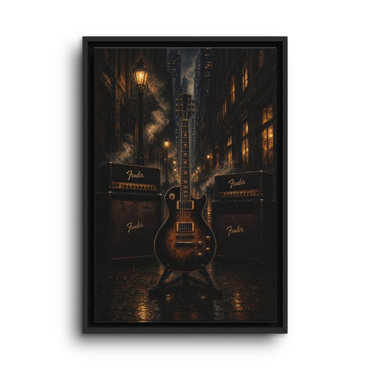 Vertical framed wall canvas featuring electric guitar in front of amp stacks