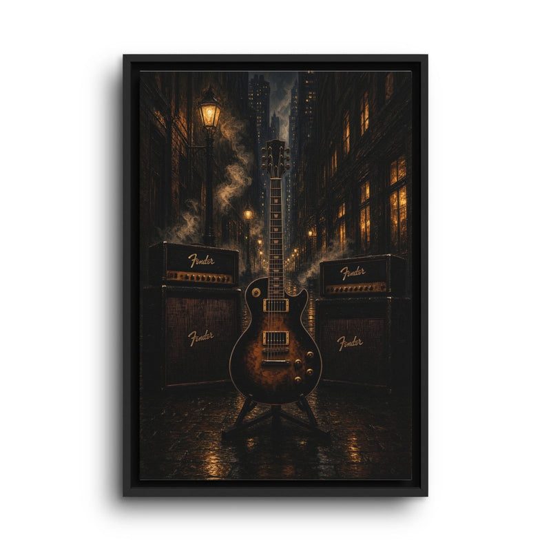 Vertical framed wall canvas featuring electric guitar in front of amp stacks