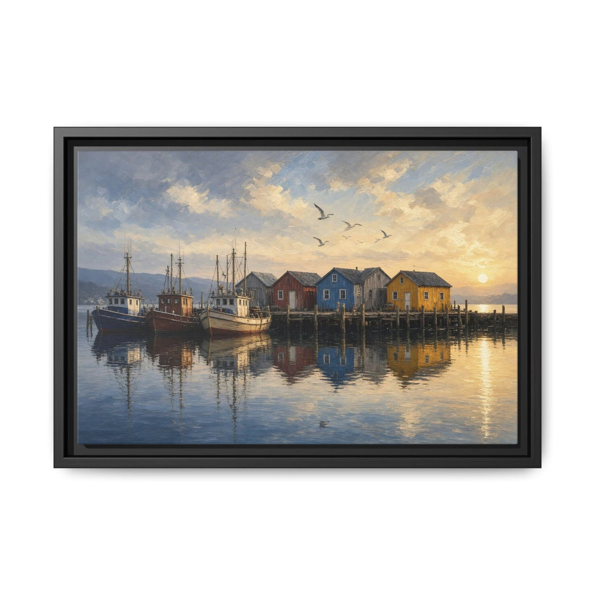 Framed canvas wall art: fishing harbor boats at dock with water reflections; black frame