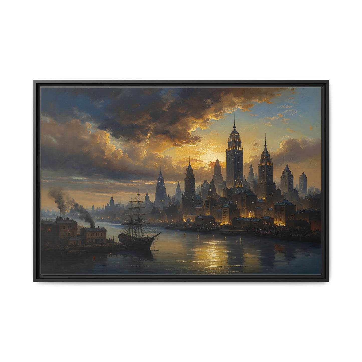 Framed Vintage Skyline Matte Canvas - Victorian Harbor Cityscape