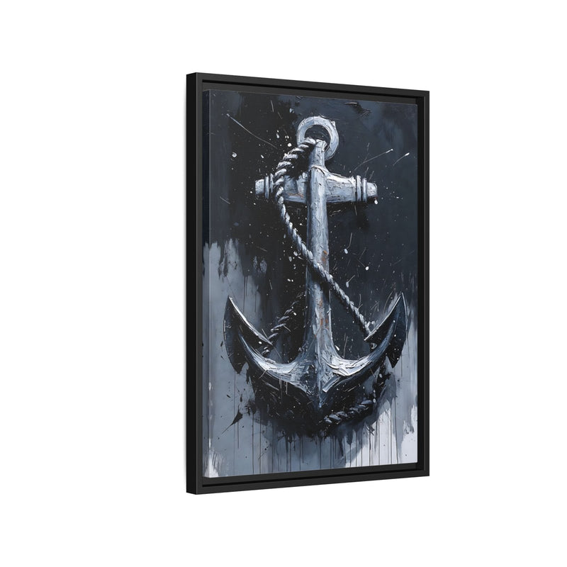 Black-framed nautical anchor wall art with silver anchor on dark, weathered canvas