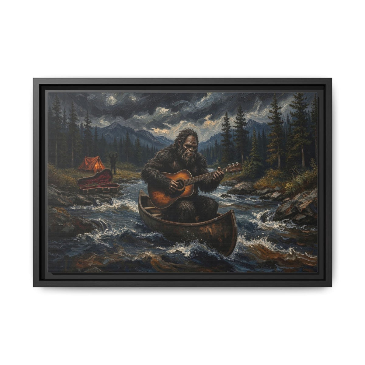Framed canvas wall art with black border, Bigfoot rowing canoe and strumming guitar in rapids