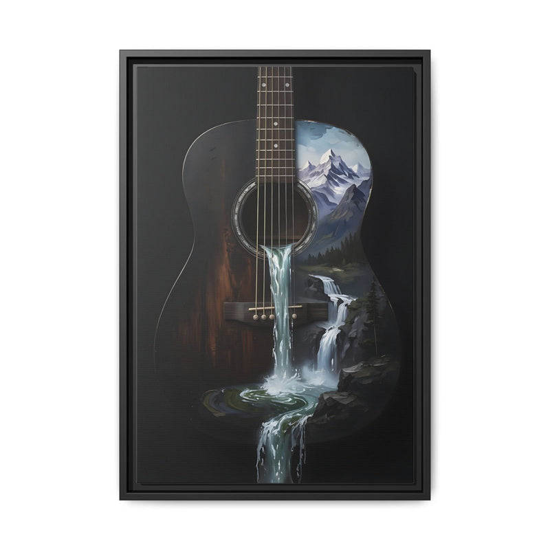 Framed canvas print showing a guitar with water pouring down toward a dark pool.