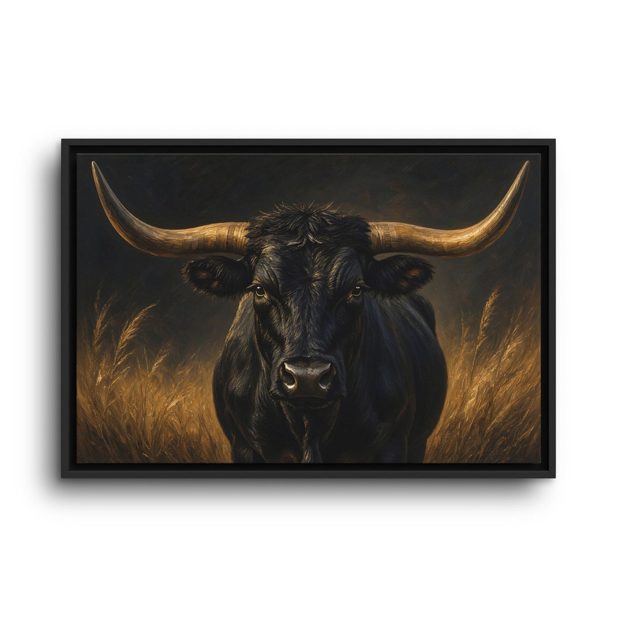 Longhorn canvas print with a black bull against golden grass