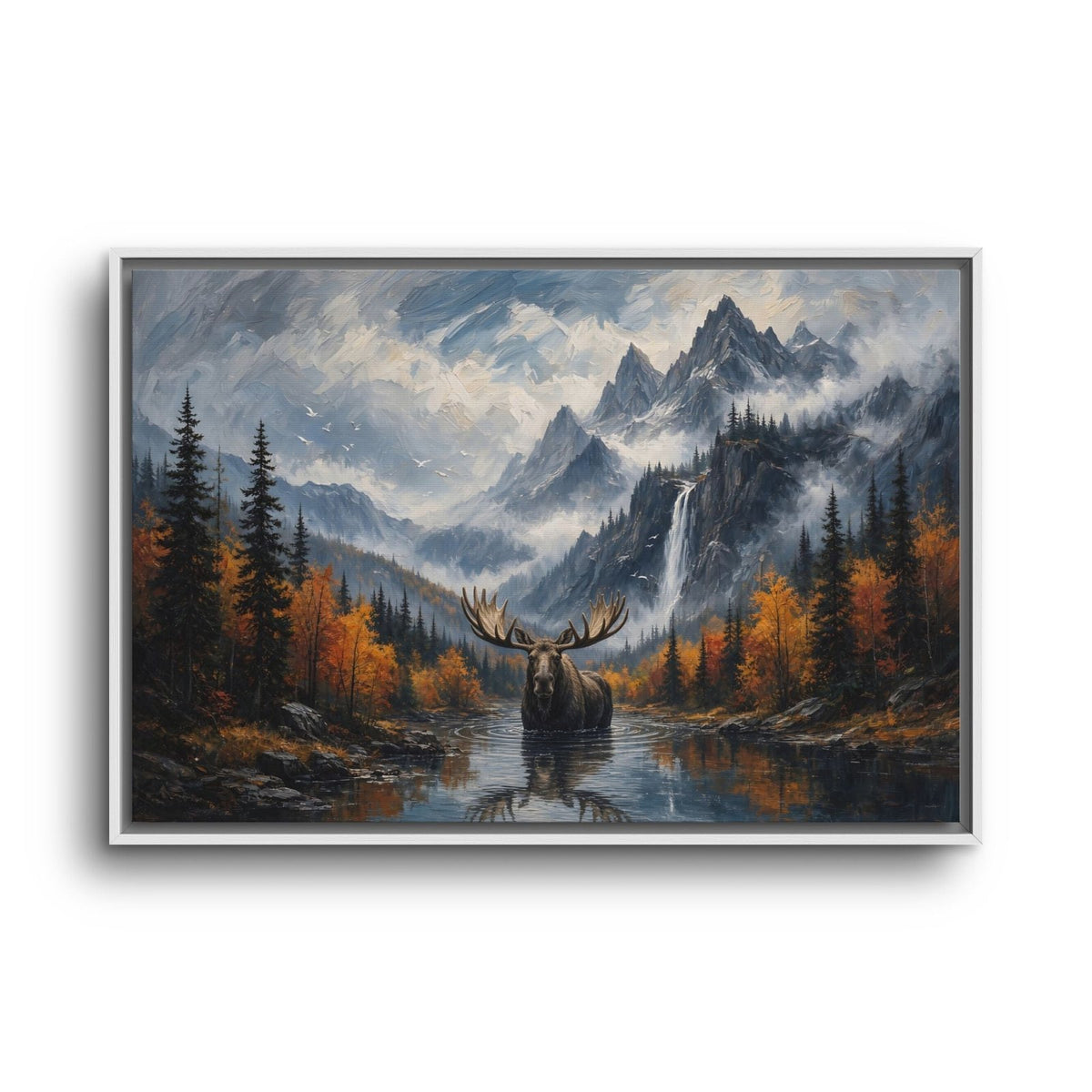 Moose canvas print in a white frame, featuring autumn trees and a mountain lake