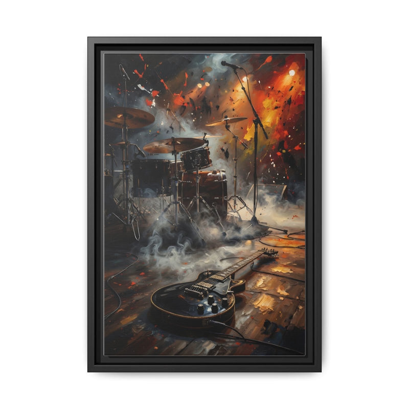Framed matte canvas wall art with guitar, drums, and sparks effect, black frame