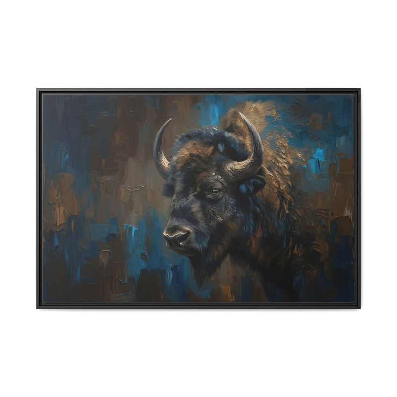 Framed bison canvas art with horned bison in blue and brown tones, black frame