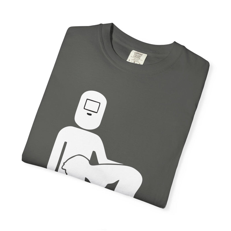 Heather gray crew-neck T-shirt with partial white welding silhouette graphic