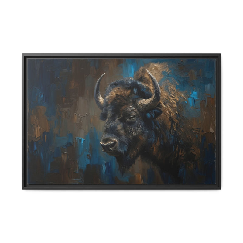 Framed bison canvas art featuring a blue and brown bison head, black frame