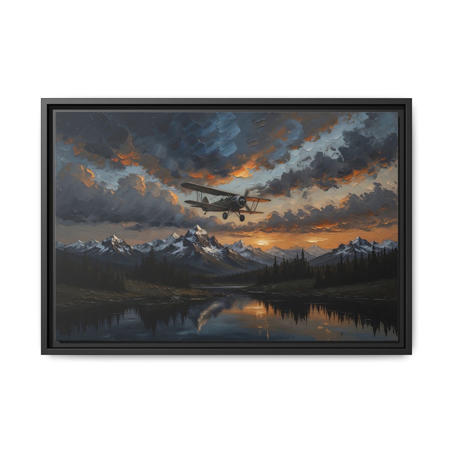 Framed Matte Canvas - Vintage Biplane over Mountain Lake (Sunset Aviation Wall Art)