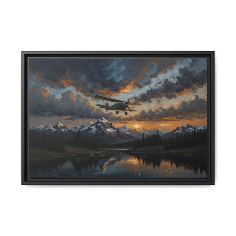 Black-framed framed matte canvas with biplane, mountain peaks, and mirrored lake horizon