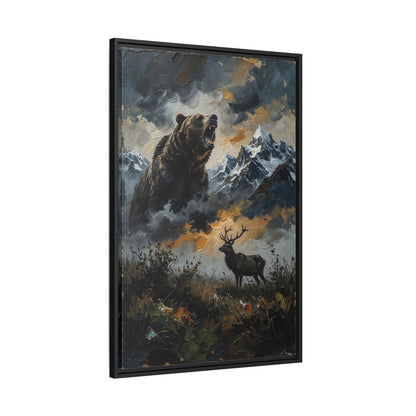 Roaring Bear & Stag Matte Framed Canvas - Wilderness Wall Art