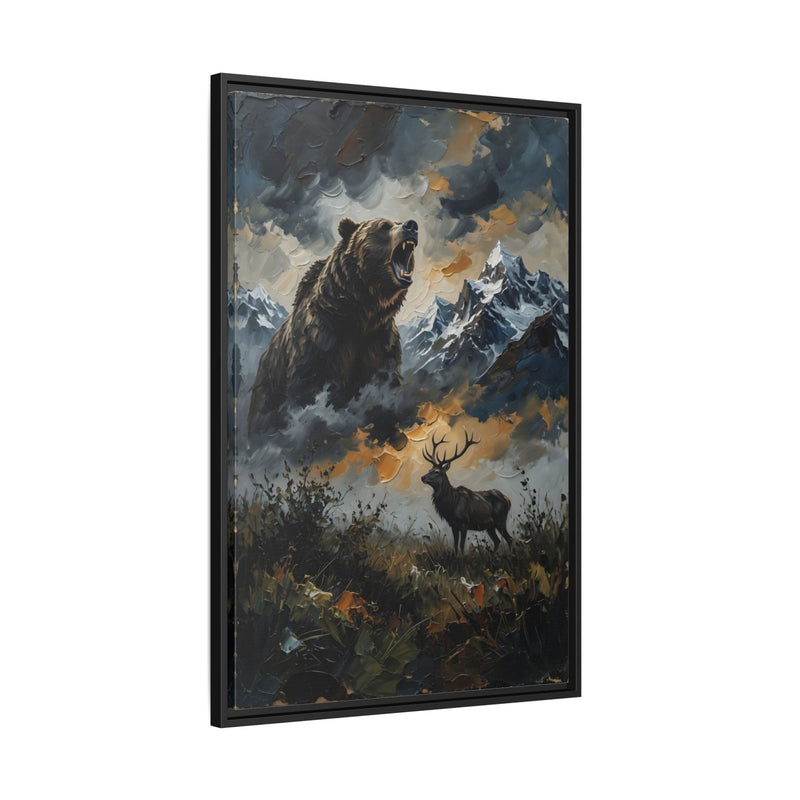 Vertical framed canvas with roaring bear and stag against stormy mountain clouds; black frame