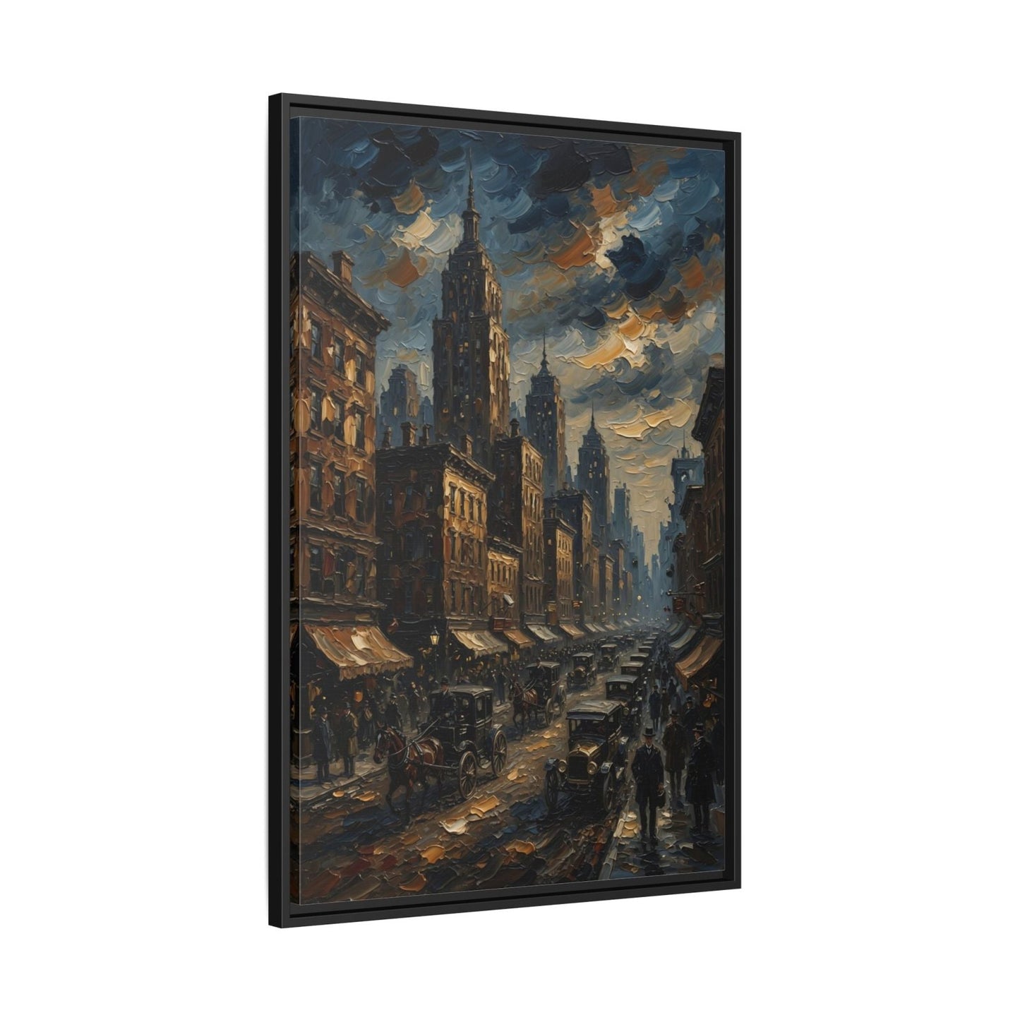 Black framed canvas side view showing the inner artwork of a skyline and crowded street.