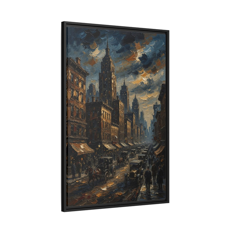 Black framed canvas side view showing the inner artwork of a skyline and crowded street.