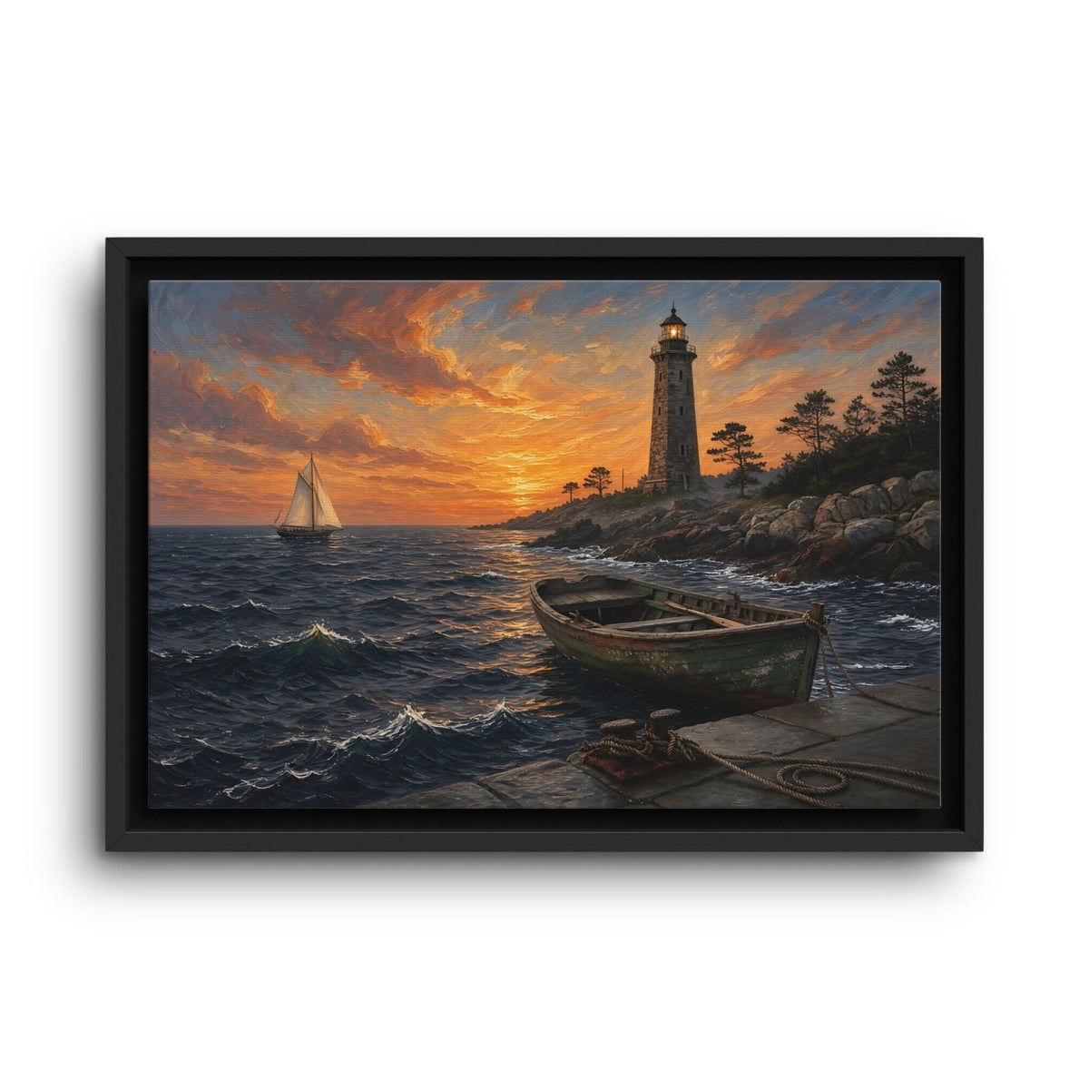 Framed canvas wall art showing a rowboat, distant sailboat, and coastal lighthouse